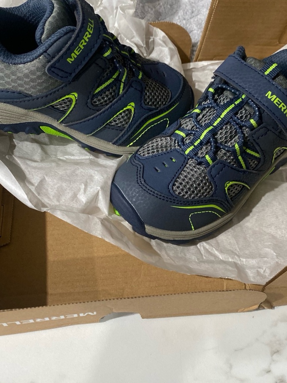 Merrell Kids Navy and Lime Green Trail Sneakers